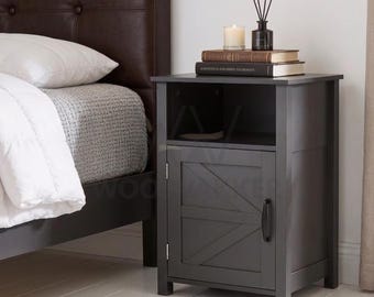Bedside Table Dark Grey Wooden with Open Shelf Storage Cabinet