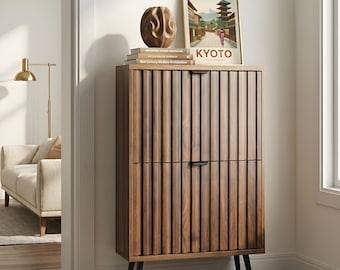 Walnut Shoe Storage Cabinet Slim Entryway Organizer With Drawers