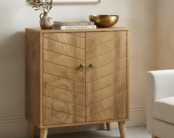 Storage Cabinet with Chevron Doors Natural Wood Sideboard Furniture