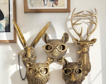 Bronzen dierenkop muur decor set, hars dieren in het wild kunst aan de muur, herten beer konijn sculptuur, vintage dierenkoppen, uniek interieur cadeau