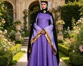 Purple Royal Queen Gown with Black Cape, Gold Trim Medieval Costume, Halloween Renaissance Fair Dress for Women
