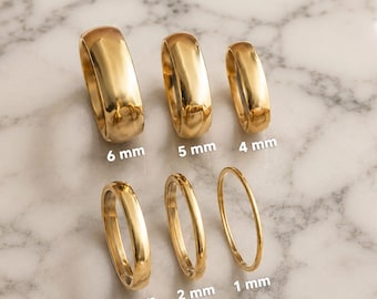 Anillos de boda minimalistas de oro de 14k, finos, de 1 mm, 2 mm, 3 mm, 4 mm, 5 mm y 6 mm, ideales para apilar. Regalo para ella o para él.
