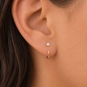 May include: Close-up of an ear with two gold earrings. One is a small, round stud with a clear stone. The other is a small, gold hoop earring. The ear is set against a background of dark brown hair.
