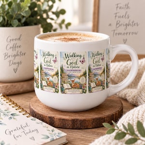 May include: A white ceramic mug featuring a repeating graphic print titled Walking with God in Nature, which depicts a deer, an open book, a butterfly, and a mountain landscape. The mug is filled with a light brown beverage topped with cinnamon.