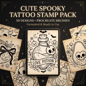 Spooky Tattoo Stamp Pack | 50 Procreate Brushes, Halloween Flash (Digital Download)