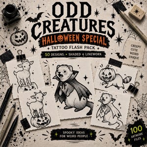 May include: A digital tattoo flash pack titled Odd Creatures Halloween Special featuring 50 designs. The artwork includes black and white illustrations of goats on pumpkins, ferrets in capes, and jack-o'-lanterns, surrounded by ink pens and clips.