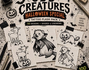 Sellos de tatuajes de Halloween para Procreate, 50 criaturas extrañas, paquete de diseños de tatuajes, líneas y sombreados.