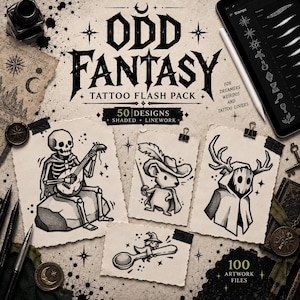 May include: A digital tattoo flash pack titled ODD FANTASY featuring 50 designs with shaded linework. The collection includes illustrations of a skeleton playing a lute, a mouse with a sword, a hooded figure with antlers, and a small figure on a spoon.