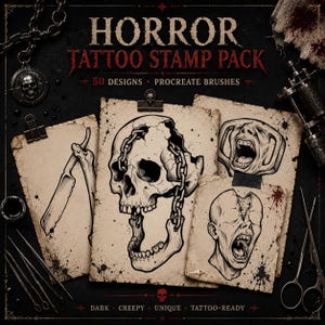 May include: A digital horror tattoo stamp pack for Procreate featuring 50 designs. The image displays three aged paper sheets with black ink illustrations of a skull with chains, a screaming face, and a straight razor, alongside tattoo tools.