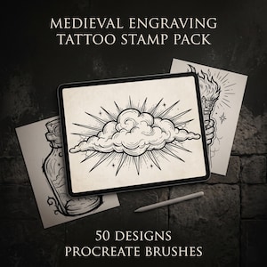 Peut inclure: Un pack d'art numérique avec des motifs de tatouage gravés médiévaux. L'image montre une tablette affichant un motif de nuage avec des rayons de soleil, ainsi que d'autres exemples d'art de tatouage et un stylet. Le texte indique "Medieval Engraving Tattoo Stamp Pack" et "50 Designs Procreate Brushes."