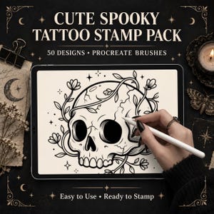 May include: A digital tablet displaying a black and white line art illustration of a skull entwined with floral vines. The text CUTE SPOOKY TATTOO STAMP PACK 50 DESIGNS PROCREATE BRUSHES and Easy to Use Ready to Stamp is visible on the screen.