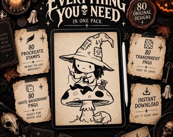 May include: A digital illustration on a tablet screen featuring a character in a witch hat sitting on a mushroom, sewing with a needle and thread. The text reads EVERYTHING YOU NEED IN ONE PACK, 80 PROCREATE STAMPS, 80 TRANSPARENT PNGS, 80 WHITE BACKGROUND PNGS, and INSTANT DOWNLOAD.