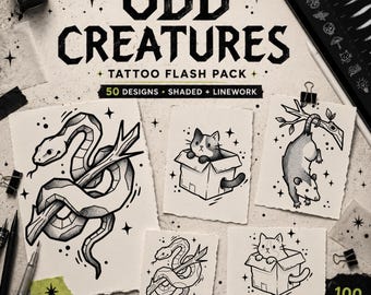 Odd Creatures Stamp Pack – 50 Tattoo Designs, Shaded & Linework, Procreate Tattoo Brushes