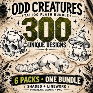 May include: A digital tattoo flash bundle titled ODD CREATURES featuring 300 unique designs across 6 packs. The graphic includes black and white illustrations of a frog on a skull, a ferret, and a frog under a candle-topped mushroom on paper.
