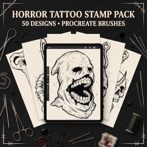 May include: A digital tablet displays a black and white line art illustration of a hooded creature with an open mouth and exposed teeth. The screen shows the Procreate interface. The text HORROR TATTOO STAMP PACK 50 DESIGNS PROCREATE BRUSHES appears.