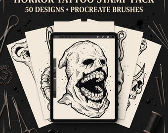 50 Horror Tattoo Stamp Pack for Procreate – Formatted & Ready to Use!