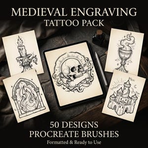 May include: An image showcasing a digital art pack titled "Medieval Engraving Tattoo Pack." The pack includes 50 designs and Procreate brushes. The designs feature medieval-themed illustrations, including a skull, candle, chalice, castle, and flame.