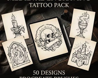 May include: An image showcasing a digital art pack titled "Medieval Engraving Tattoo Pack." The pack includes 50 designs and Procreate brushes. The designs feature medieval-themed illustrations, including a skull, candle, chalice, castle, and flame.