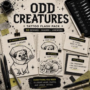Odd Creatures Stamp Pack 4 – 50 Tattoo Designs , Shaded & Linework, Procreate Tattoo Brushes