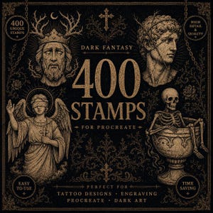 400 Mittelalterliche Gravur Tattoo Flash Sketches Bundle | Procreate Stempelset | Gothic Tattoo-Designs