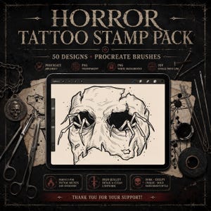 May include: A digital tablet displays a black and white line art illustration of a cracked mask with spider legs emerging from the eye sockets. The screen is surrounded by metal scissors, a skull pendant, and a roll of black tape on dark paper.