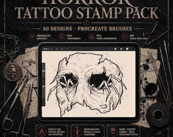 50 Carimbos de Tatuagem de Terror para Procreate | Desenhos Sombrios e Assustadores | Conjunto de Pincéis de Arte Gótica