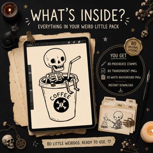 May include: A digital tablet displaying a black and white line art illustration of a skeleton sitting inside a coffee cup with a straw. The screen shows the text COFFEE and a skull and crossbones icon. The set includes 80 Procreate stamps, 80 transparent PNGs, and 80 white-background PNGs for instant download.
