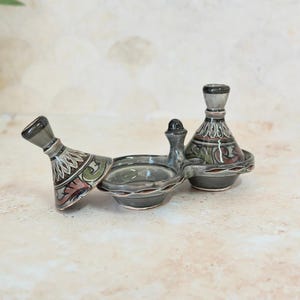 Juego de salero y pimentero de cerámica pintados a mano para tajine – Servidor de especias marroquí, decoración de mesa bohemia