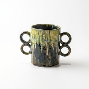 Handmade Abstract Ceramic Vase: Moroccan Artisanal Pottery, Earthy Green Reactive Glaze, Circular Handles