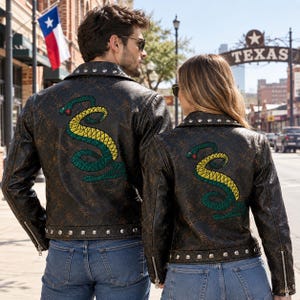Distressed Punk Studded Leather Jacket | Handmade Embroidered Snake Patch Motorcycle Costume