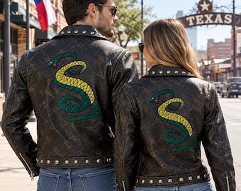 Distressed Punk Studded Leather Jacket | Handmade Embroidered Snake Patch Motorcycle Costume