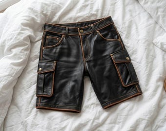 Pantaloncini cargo vintage da uomo in pelle / Pantaloncini neri fatti a mano con 6 tasche