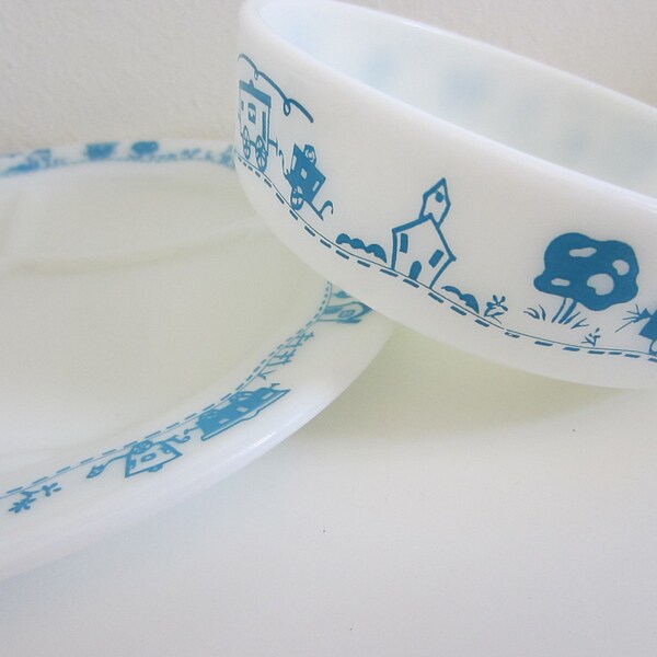 Pyrex blue train milk glass childrens tableware set divided plate and bowl vintage 1960s RARE