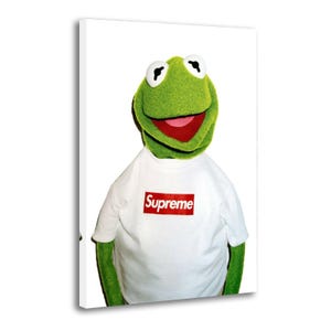 May include: A green frog puppet with large white eyes and a wide mouth wearing a white short-sleeved t-shirt. The shirt features a rectangular red logo on the chest with the word Supreme printed in white letters across the centre of the box.