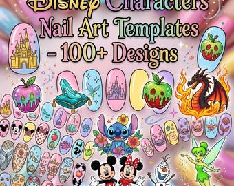 Disney Characters Nail Art Templates - 100+ Unique Designs, Printable Nail Patterns, Digital Download, DIY Nail Art, A4 Templates