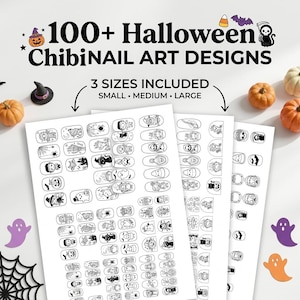 Puede incluir: Una colección de más de 100 diseños de arte de uñas Halloween Chibi impresos en tres hojas, en tamaños pequeño, mediano y grande. Las ilustraciones en blanco y negro incluyen fantasmas, calabazas, brujas, murciélagos y esqueletos.