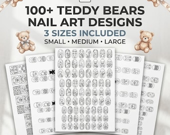 Teddy Bear Nail Art Templates Printable | 100+ Cute Bear Nail Designs | DIY Nail Stencils PDF | Kawaii Nail Art | Gel Polish Transfer