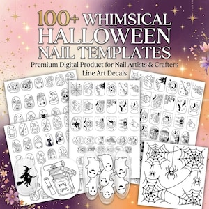 May include: A collection of 100+ Whimsical Halloween Nail Templates featuring black line art decals on white sheets. Designs include ghosts, pumpkins, spiders, webs, bats, cats, and spell books. The text reads 100+ WHIMSICAL HALLOWEEN NAIL TEMPLATES.