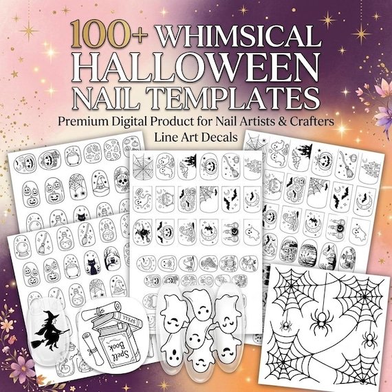 Whimsical Halloween Nail Art Templates Printable PDF | 100+ Cute Spooky Nail Designs | DIY Halloween Nails | Nail Stencil Digital Download