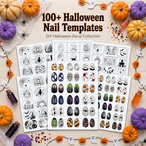 Op de afbeelding: Een collectie van 100+ Halloween nagelsjablonen en DIY Halloween stickers met zwart-wit lijntekeningen van geesten, pompoenen, heksen en schedels, naast kleurrijke eivormige nail art ontwerpen met diverse griezelige motieven.