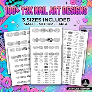 Könnte beinhalten: Eine digitale Sammlung von über 100 Y2K-Nagelkunstdesigns auf mehreren weißen Blättern. Der Text lautet 100+ Y2K NAIL ART DESIGNS, 3 SIZES INCLUDED, SMALL, MEDIUM, LARGE und USER GUIDE INCLUDED. Die Designs bestehen aus schwarzen Linienmustern.