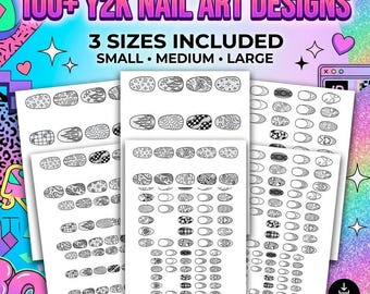Y2K Nail Art Templates Printable PDF | 100+ Retro Nail Designs | Digital Nail Stencils | 2000s Style Nail Art | DIY Gel Nail Art