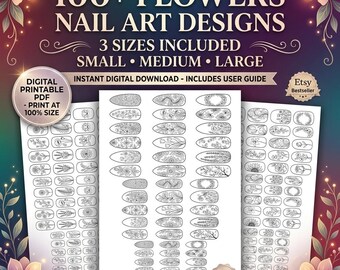 Floral Nail Art Templates Printable | 100+ Flower Nail Designs | A4 PDF Digital Download | 3 Sizes | DIY Nail Decals | Nail Practice