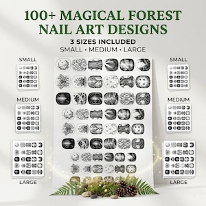 以下が含まれることがあります： 100種類以上の白黒の森をテーマにしたネイルアートデカールコレクション。セットには小、中、大の3つのサイズが含まれています。テキストには「100+ MAGICAL FOREST NAIL ART DESIGNS」および「3 SIZES INCLUDED SMALL MEDIUM LARGE」と記載されています。