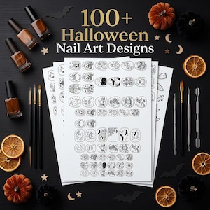 May include: A collection of white sheets featuring over 100 black line art Halloween nail designs, surrounded by four bottles of brown nail polish, three thin brushes, four metal tools, dried orange slices, and small decorative pumpkins.