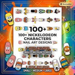 Op de afbeelding: Een verzameling nail art ontwerpen met diverse Nickelodeon personages. De tekst luidt 100+ NICKELODEON CHARACTERS NAIL ART DESIGNS en 3 SIZES INCLUDED SMALL MEDIUM LARGE. De ontwerpen bevatten kleurrijke cartoongezichten en diverse iconen.