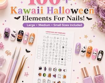 Kawaii Halloween Nail Art Templates Printable | 100+ Cute Spooky Nail Designs | A4 PDF Digital Download | 3 Sizes | DIY Nail Decals
