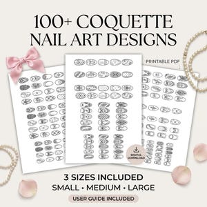 Può includere: Un download digitale contenente oltre 100 design di nail art Coquette su tre fogli PDF stampabili. Le pagine mostrano vari motivi di nail art in bianco e nero, inclusi fiocchi, cuori e disegni floreali, disponibili nelle taglie piccola, media e grande.
