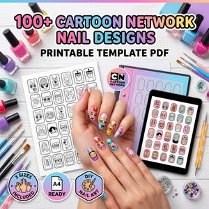 Puede incluir: Una plantilla PDF digital imprimible con más de 100 diseños de uñas de Cartoon Network. El set incluye hojas de arte lineal en blanco y negro, una tableta con iconos de personajes a color, esmaltes, pinceles y recipientes con gemas para uñas.
