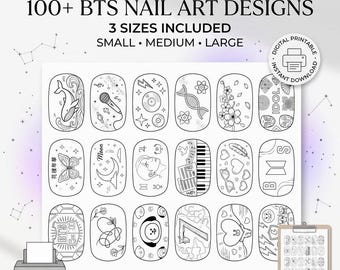 BTS/K-pop Nail Art Templates Printable | 100+ Inspired Nail Designs | A4 PDF Digital Download | 3 Sizes | DIY Nail Decals | Nail Practice